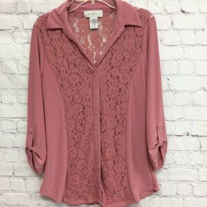 Emma & Olive Womens Button Front Shirt Pink Floral Roll Tab Sleeve Stretch S